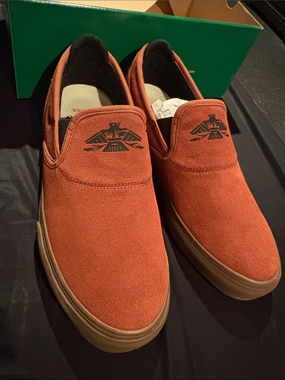 Emerica Rust Orange Suede Slip-On skate shoes